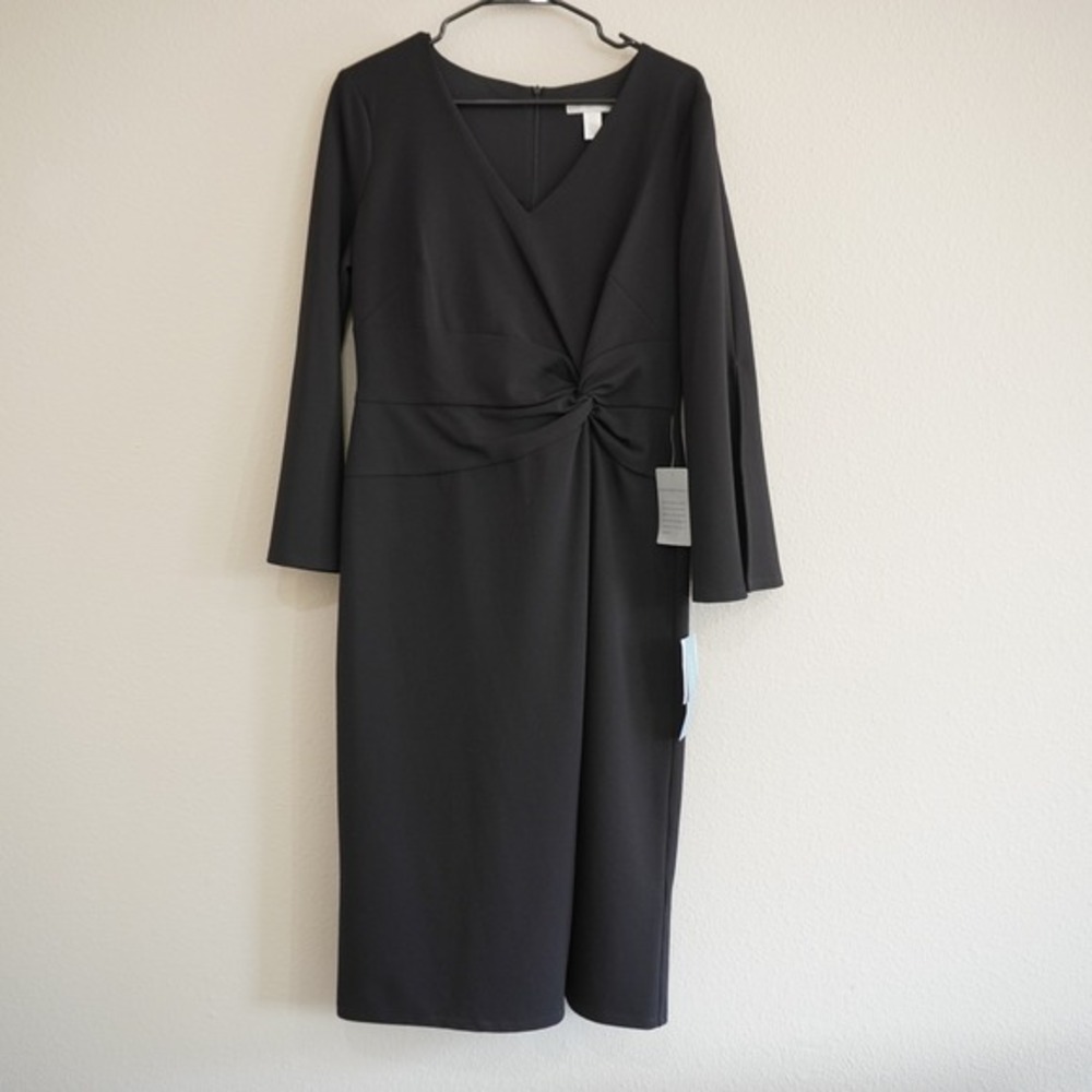 London Times Black Twist Front V-Neck‎ Sheath Dress Split Sleeve Size 10 NEW